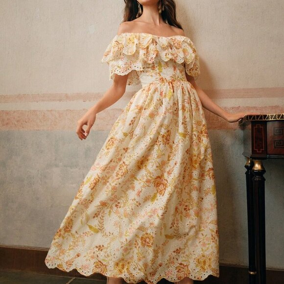 Multicolor Elegant Women's Off Shoulder Ruffled Floral Embroidered Dress - Picture 3 of 6